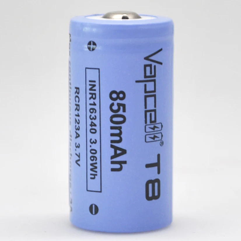 Vapcell T8 16340/RCR123A 3A Button Top 850mAh Battery - Genuine